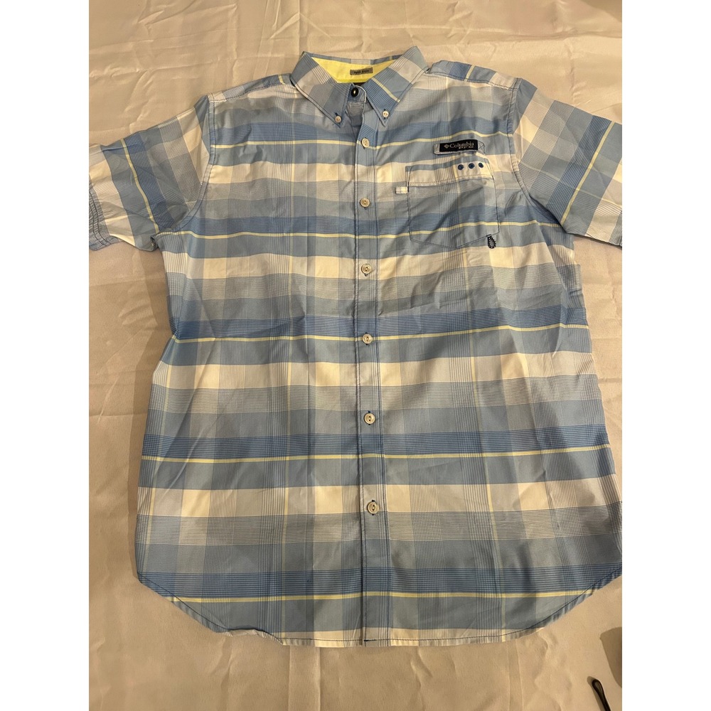 Columbia PFG Fishing Shirt Mens Medium Blue Plaid Outdoor Short Sleeve Camping